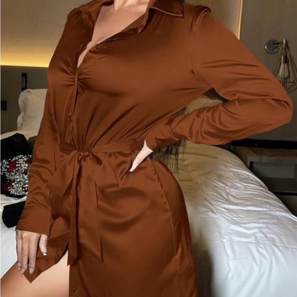 🪾Bliss 🪾Long Sleeve Satin Shirt Dress in Rich Brown sz Medium 🤎 - Picture 3 of 5